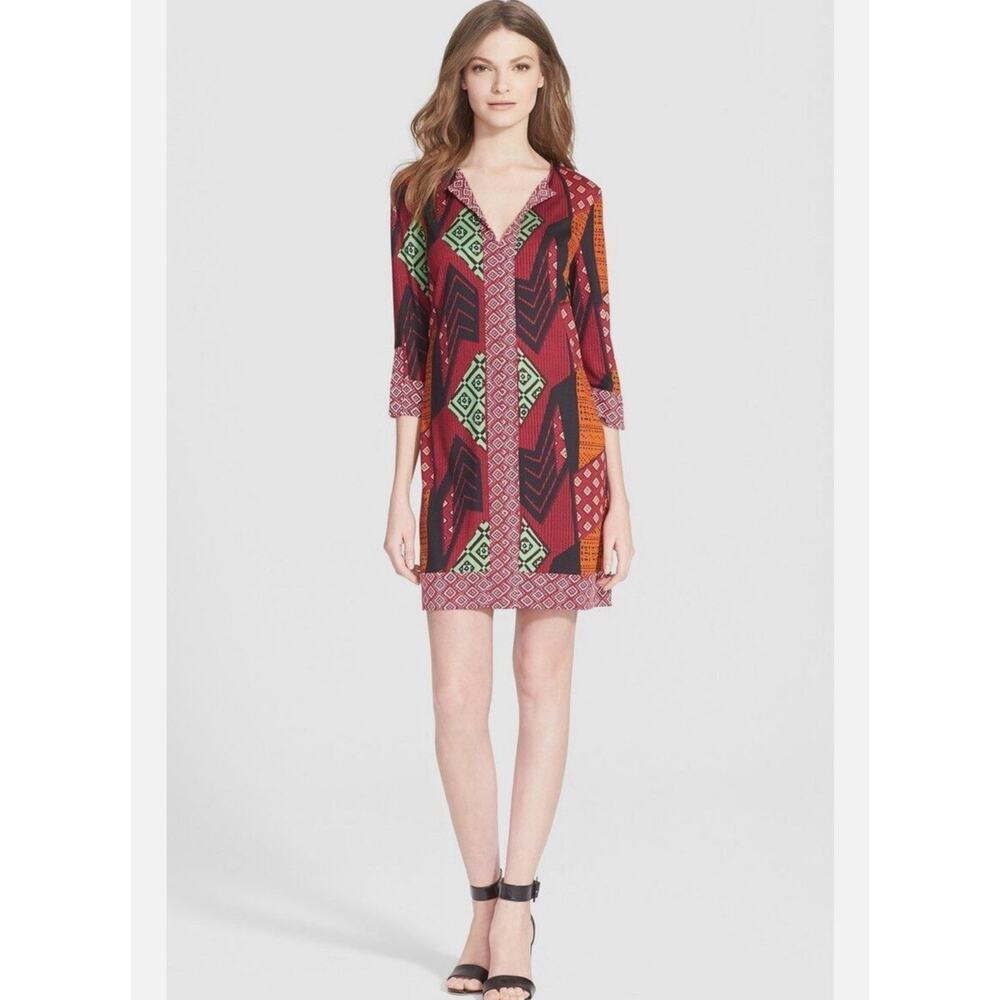 Diane von Furstenberg Silk Mini Dress Womens 6 Mixed Print Geometric 3/4 Sleeve